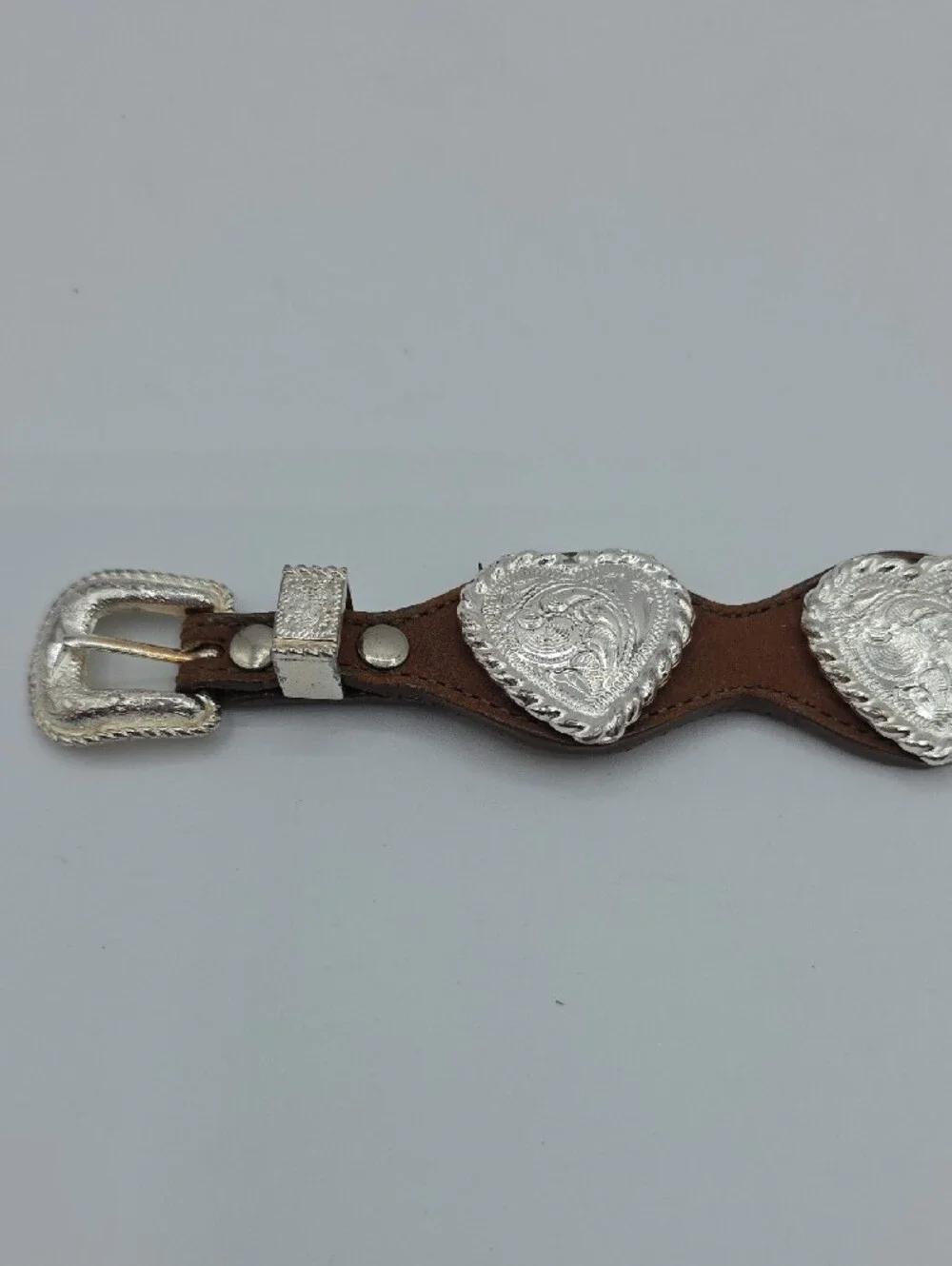Brown Leather Bracelet with Silver Heart Conchos